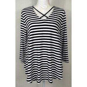 Chico's Black & White Striped Pullover Criss Cross Blouse Size 1 (Medium)